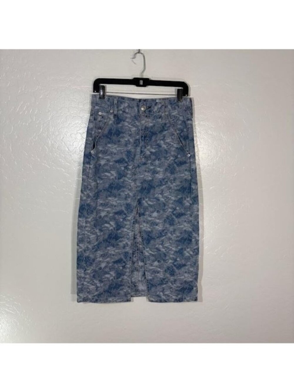 Rag & Bone Skirt Womens 27 Blue Cloud Denim Jacquard Front Slit Midi High Waist